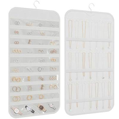 Double-Sided Hanging Jewelry Organizer for Necklaces Earrings, 1-Pack White | Foldable 36 hooks & 40 clear pockets; swivel hook fits walls, doors & rods for earrings, bracelets, rings & small jewelry