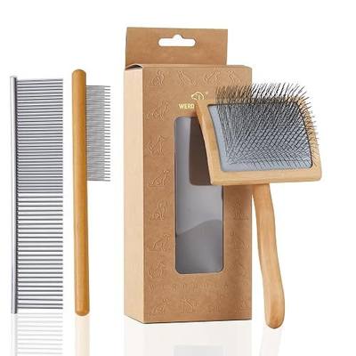 Ergonomic Slicker Brush for Long-Haired Dogs - Wooden Handle, Long Pins for Grooming Goldendoodles | Long pins reach deep undercoat. For Goldendoodles, Poodles, Doodles, long-haired breeds. Removes mats, gentle on skin.