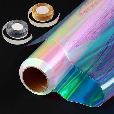 Iridescent Cellophane Roll 34 In X 200 Ft Rainbow Clear Cellophane Wrap Roll Iridescent Cellophane Wrap with Two Ribbons Holographic Cellophane for Gift Baskets, Christmas Gift Wrapping, Valentines