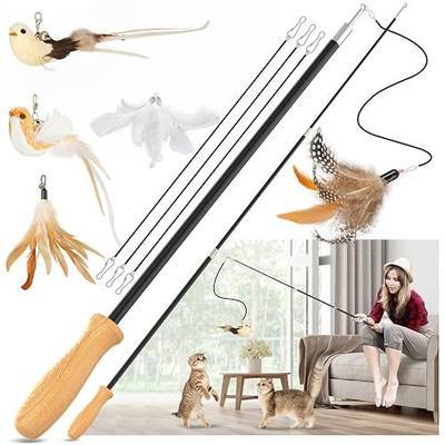 ROSAUI Cat Teaser Wand Toys, Interactive Bird Toys for Indoor Kittens, 42.15’’ Long Cat Fishing Pole Toys, 2Pcs Wires and 5Pcs Natural Refills, Sustainable Wooden Handles, Exercising, Playing