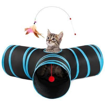 Love’s Cabin Cat Tunnel for Indoor Cats, 3-Way Collapsible Play Tunnel with Teaser Wand, Peek Holes & Toy Ball, Small Pet Toy for Kittens & Rabbits, Black & Blue, Small Size