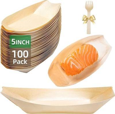 5 IN Boat Trays 100-Pack Wooden Disposable Plates for Party | Actual Size: 2.95" D x 1.73" W x 0.59" H, Environmentally Friendly, Waterproof, Leak Proof, Oil Proof, for Sushi Charcuterie