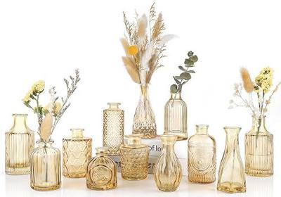 UPBUD Amber Glass Bud Vases Set of 12, Gold Mini Flower Vase for Centerpieces, Small Vases in Bulk for Wedding Decorations, Vintage Vase for Table, Recepetion, Home Décor