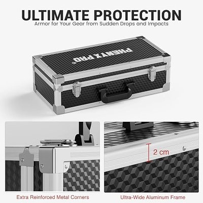 Phenyx Pro Storage Case with Pre-Diced Foam and Alloy Frame PCSE-L | Aluminum Alloy Frame, Protective Gear Storage, Ergonomic Handle, Wireless Mic Systems, Camera Gear