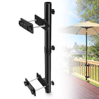 ZZM Patio Umbrella Holder for Deck Railing, Adjustable Deck Umbrella Mount Outdoor, Attachable to Railing Mounting Brackets - Upgraded 3 Screws to Secure Umbrella Handle, Maximizes Deck Space (Dark)