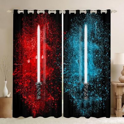 Feelyou Lightsaber Curtains 42W X 63L Inch for Kids Boys Teens Blue Green 2 Panels Window Curtains Bedroom Home Decor Tie Dye Rod Pocket Thermal Insulated Window Treatment Drapes Room Decoration