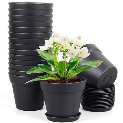 Meowell 4 inch Small Plastic Nursery Pots, 16 Pack Plant Pots for Indoor Outdoor Plants, Flower Pots with Drainage Holes and Saucers, Decorative Seedling Starter Planters for House Plants, Black