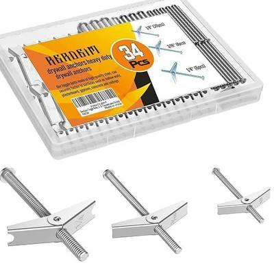 Rerdeim【34 Sets】 Toggle Bolts, Wall Anchor, 1/4" 3/16" 1/8" Butterfly Drywall Anchors, Heavy Duty Metal Screws for Hollow Wall Ceiling Sheetrock, Taquetes para Drywall