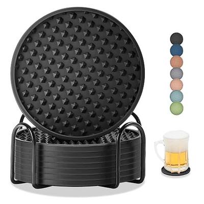 Coasters for Drinks, Silicone Coasters Set of 8 with Metal Holder, Outdoor Coaster for Coffee Table, Non-Slip Rubber Table Cup Mat Desk, Heat Resistant & Scratch-Proof (Black)