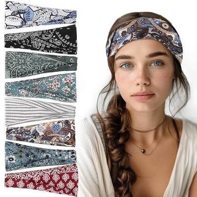obeoby 8 Pack Headbands for Women, Boho Style Headbands | Fashion Headbands for Music Festival,Breathable, 9 x 3.5 In,Hiking Gifts for Women, for Daily Wear and Vacation