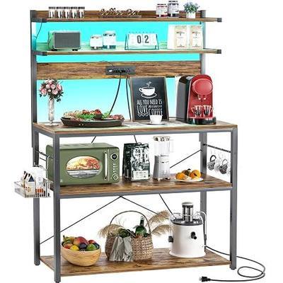Aheaplus Bakers Rack with Power Outlet, Microwave Stand, 5 Tiers Coffee Bar Station with Led Lights, Kitchen Storage Shelf with 6 S-shaped Hooks, Kitchen Rack Coffee Bar Stand, Rustic Brown