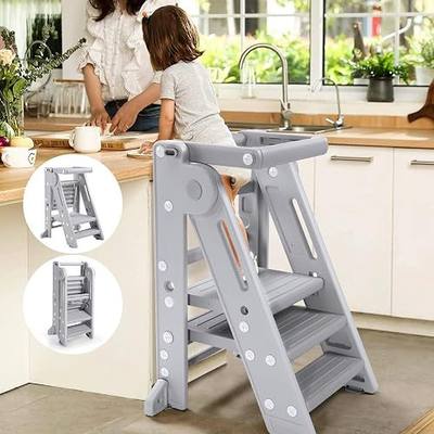Gimars Foldable Toddler Step Stool for Learning & Cooking, Adjustable 2 Steps to 3 Steps Montessori Toddler Tower for Ages 2-6, Plastic Step Stool for Kitchen & Bathroom Sink,Easy to Clean,Grey