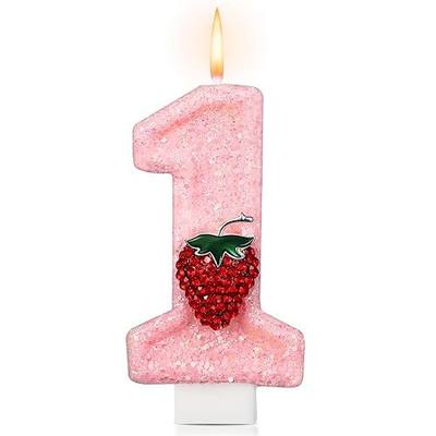 Conelist Strawberry 1 Candle for First Birthday Pink Number 1 Candle Berry One Glitter Cake Topper for Strawberry 1st Birthday Party Supplies Anniversary Decorations