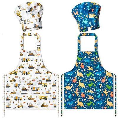4Pcs Kids Apron and Chef Hat Set Gift for Girls Boys, Dinosaurs Construction Vehicles Adjustable Kitchen Cooking Child Aprons with 2 Pockets Waterproof Smocks for Baking Painting Crafting