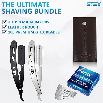 Straight Razors For Men 100 GTEX Barber Razor Blades - 2 Professional Single Blade Razors for Men Navajas Para Barbero Straight Edge Razor Barber Beard Razor Shavette Shaving Razor Kit