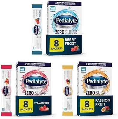 Pedialyte Electrolyte Drink Mix, Zero Sugar, Variety Pack, 24 Single-Serving Powder Packets, Berry Frost, Passion Fruit, Strawberry