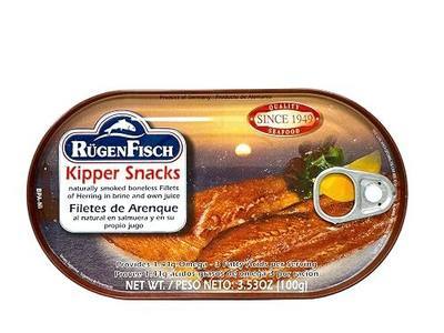 Rugen Fisch Kipper Snacks, Smoked Herring Fillets, 3.54 oz Cans (Pack of 12)