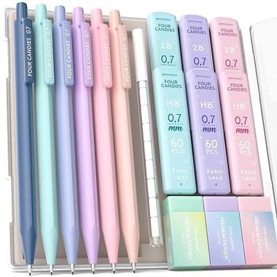 Four Candies Cute Mechanical Pencil Set, 0.7mm Medium Point, 6-Count Pack | 360 HB/2B Leads, 3 Erasers, 9 Eraser Refills, Storage Case, Triangular Grip, for Everyday Homework & Journal