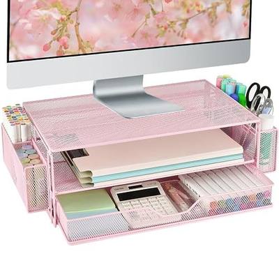 AUPSEN Computer Monitor Stands Riser,2-Tier Desk Organizers and Accessories, Office Desk Accessories Organizer with Drawers and 2 Pen Holder for Office Supplies (Pink)