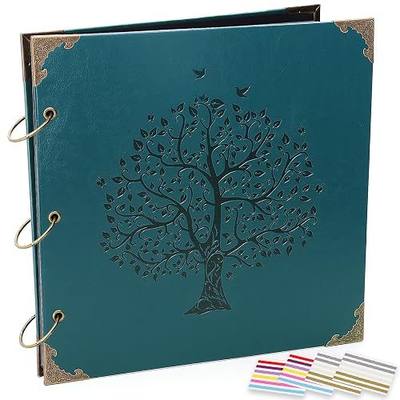 Photo Album DIY Scrapbook, 10x10 inch 50 Pages Vintage Leather Cover Three-Ring Binder Family Picture Booth Albums with 408pcs Self Adhesive Photos Corners for Memory Keep, Tree (Jasper Green)