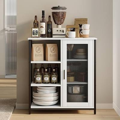 LVSOMT Coffee Bar Cabinet with Adjustable Shelves and Door, Rustic White | 27.5'' Sideboard Buffet for Small Space, Iron Wood Frame, 3-Tier Coffee Stand for Tea, Dishes, Snacks, Home Kitchen
