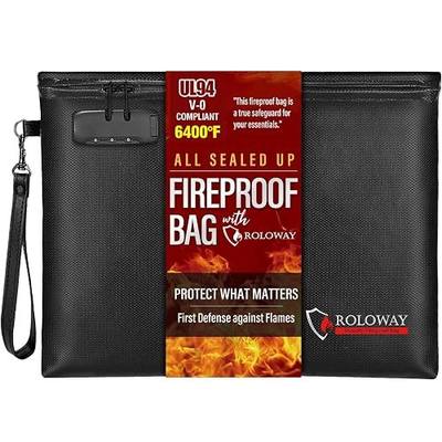 ROLOWAY Fireproof Document Bag (14.5 x 11.5 inch), 6400℉ Fireproof Money Bag with Zipper for Cash, Fire Safe Money Pouch with Lock (Black)
