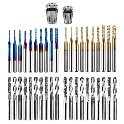 LUNYEE 40pcs End Mills CNC Router Bits with ER11, ER16 Collet, 1/8" Shank CNC Cutter Milling Carving Bit Set Including 2-Flute Flat Nose & Ball Nose, Nano Blue Coat & Titanium Coat Bits