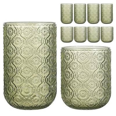 Set of 8 Vintage Embossed Glassware,4 Highball Glasses 14oz & 4 Rocks Drinking Glasses 9oz, Art Deco, for Wine, Water, Cocktail, Juice, Whiskey, Gift (Green)