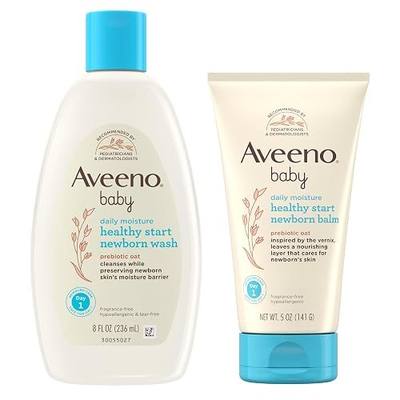 Bundle of Aveeno Baby Healthy Start Newborn Wash, Hypoallergenic Baby Body Wash with Prebiotic Oat, Fragrance-Free, 8 fl. oz + Newborn Balm, Baby Skin Balm with Prebiotic Oat , Fragrance-Free, 5 oz