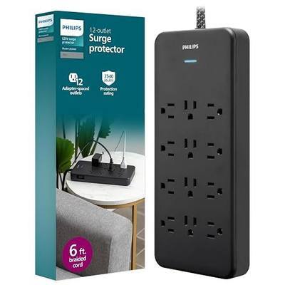 Philips 12-Outlet Surge Protector Power Strip, 6 Ft Braided Extension Cord | Wide Spaced Outlet Extender, 3500 Joules, Flat Plug, Wall Mount, ETL Safety Listed, Black, SPP3813B/37