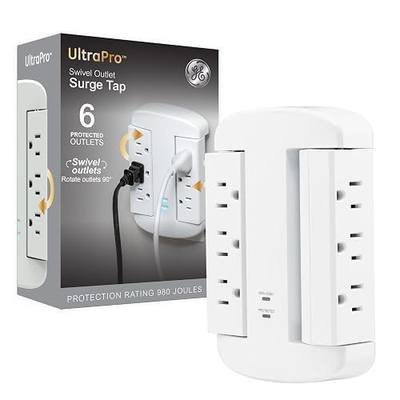 GE 6-Outlet Extender, Surge Protector, Swivel Side Access | Wall Tap Adapter, 3-Prong, 980 Joules, ETL Listed, White, 81781