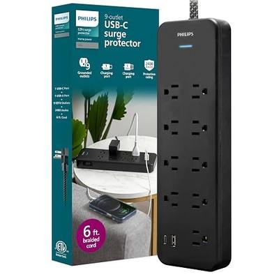 Philips Surge Protector Power Strip with USB Ports | 6 Ft Braided Extension Cord, 1USB-A, 1USB-C, 2400J, Adapter Spaced, Black - SPP3983B/37