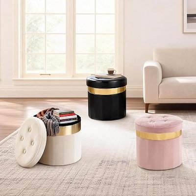xuperbonus Small Ottoman with Storage,Folding Round Ottoman with Gold Trim,Velvet Storage Stool,Foot Stool with Soft Padded,Foot Rest for Living Room13“x13”x12.4(Beige,1pcs)