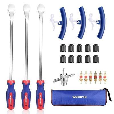 WORKPRO 14.5” Tire Spoons Set, 23-Piece Steel Tire Removal Tool Set | 3-Piece Tire Spoons, 3-Piece Rim Protectors, Valve Tool, 6-Piece Valve Cores, 10-Piece Valve Caps, Storage Bag, Tire Iron Set