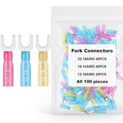 100PCS Heat Shrink Fork Connectors ,22-16/16-14/12-10AWG Tinned Copper U-Type Spade Wire Connectors Kit,for Watercraft, Electronics, Automotive