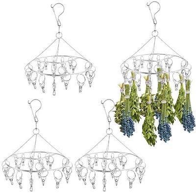 4 Pcs Round Stainless Steel Hanging Herb Drying Rack, 20 Hooks Space Saving Kitchen Dryer for Fresh Herbs, Flowers, Tea, Mint, Rustproof Laundry Racks for Indoor Outdoor Use