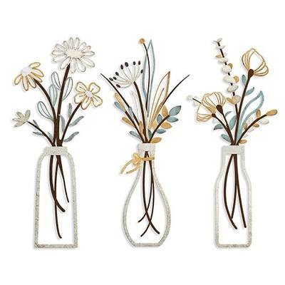 Pigort 3 Pieces Metal Flowers Wall Art- Rustic Farmhouse Decor Minimalist Decor for Living Room Bathroom Bedroom Dining Room, Housewarming Gifts Christmas Decoration(Beige, Vase-C)