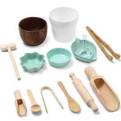 14pcs Sensory Bin Tool Sensory Tools for Boys and Girls Fine Motor Skill Toys Wooden Tong Spoons Bowls Plate Hammer Magnifying Glass and Rolling Pin for Transfer Work and Fine Motor Learning