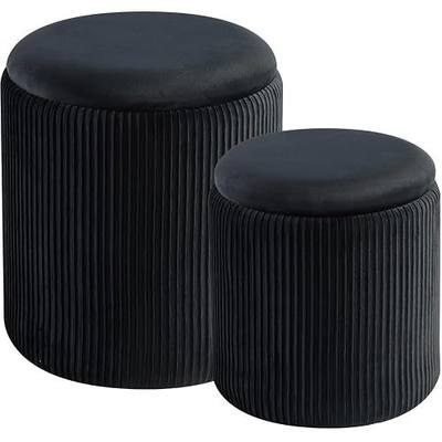 BLEXA Round Set of 2 Ottoman with Storage-Upholstered Velvet Vanity Stool | Multifunctional, Storage, Coffee Table Use, Padded Seat, Foot Rest, Makeup Vanity