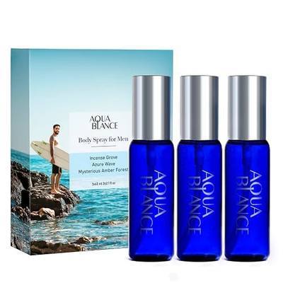 AQUA BLANCE Mens Body Spray, Travel Size Body Spray For Men, long lasting, 3-Pack Set, each 2.1 Fl Oz, Notes of Lemon, Amber, Oud, Leather