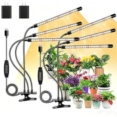 LED Grow Lights for Indoor Plants, 3Heads Grow Lights for Seed Starting, 10 Dimmable Levels & 3 Timer Modes (3/9/12H), Adjustable 360° Gooseneck with Clip, Plant Grow Light 2 Pack