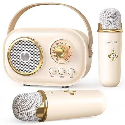 Mini Karaoke Machine,White Elephant Gifts,Stocking Stuffers for Teen,Christmas Gifts for 3-12+ Years Old, Portable Bluetooth Speaker with Wireless Microphone for Kids Boys Girls-Beige