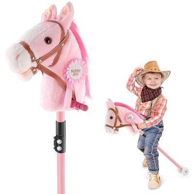 Hobby Horse, 30" to 50" Stick Horse for Cowboys Plush Handcrafted Hobby Horse on a Stick Real Pony Neighing and Galloping Sounds Stainless Steel Pole with Lighting Wheels Sponge Grip