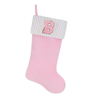 20 Inches Letter Embroidered Christmas Stocking,Personalized Pink Velvet Christmas Stocking,Family Holiday Decorations and Xmas Gift(B)