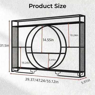 39 Inch Metal Wall Mounted Wine Rack, 3 Tier Bar Shelves with Glass Holder, Large Capacity Modern Liquor Shelves for Home Bar, Dining Room & Kitchen, Black