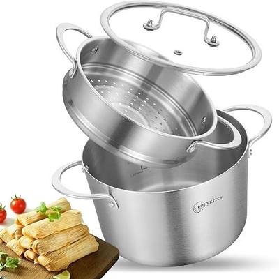 LOLYKITCH 5-Quart Tri-Ply Stainless Steel Steamer Pot with Glass Lid | Steaming Pot for Cooking | 2 Tier Induction Steamer Pot for Tamales Seafood Vegetables Dumplings | Stock Pot | Thick