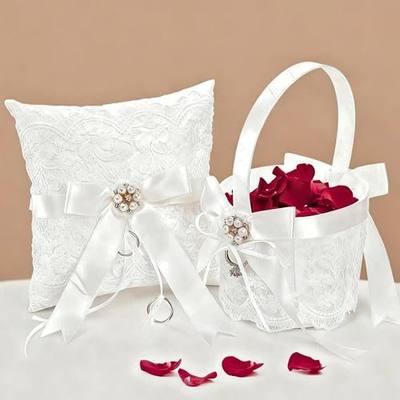 Noamus 2 Pack Flower Girl Basket and Ring Bear Pillow Set, Cute Lace Pearl Flower Baskets with Ring Cushion, Cherish Ivory Rhinestones Satin Wedding Fairy Decor Party Ceremony