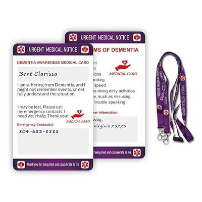 2pcs Dementia Medical Card with Writable Panel and Patterned Lanyard Emergency Contact Card
