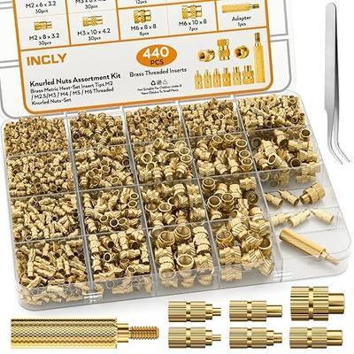 INCLY 440PCS Threaded Inserts Set with Soldering Tip & Adapter, M2 M2.5 M3 M4 M5 M6 Metric Knurled Nuts Assortment Kit, Brass Heat Set Inserts for Plastic and 3D Printing Components