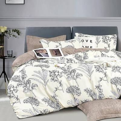LEMIROE 100% Cotton Duvet Cover King Size,Vintage Design with Luxrious Black Sketched Flowers & Leaves on Cream,Reversible Taupe Bed Sets 3Pcs,Button Closure